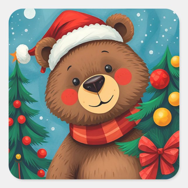 Bär in Weihnachtsmannmütze unter den Weihnachtsbäu Quadratischer Aufkleber (Vorderseite)
