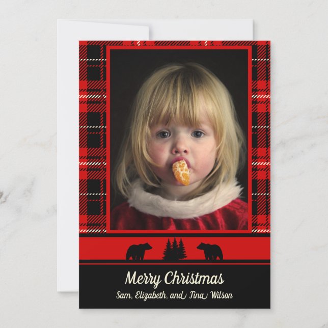 Bär in Woods Red Kariert Foto Weihnachten Ankündigung (Vorderseite)