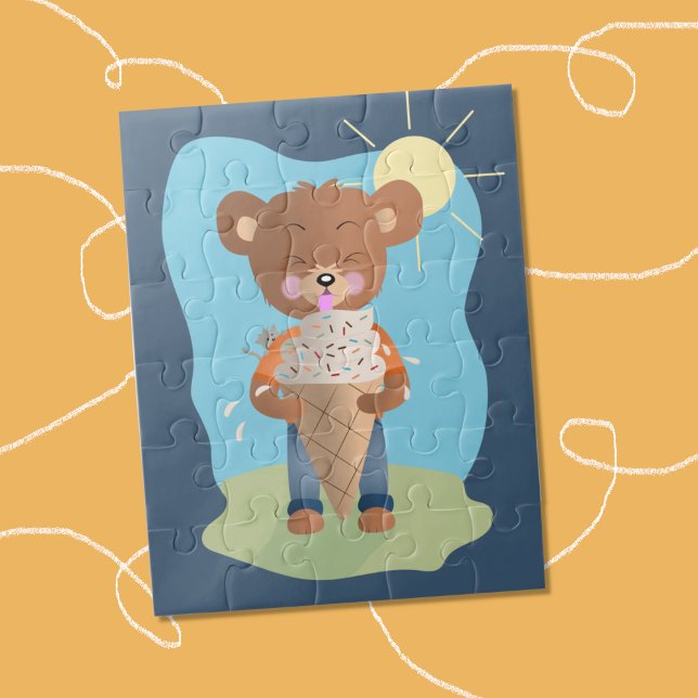 Bär isst Eiscreme Kind Sommerpuzzle Puzzle (A summer puzzle for kids featuring a bear eating a giant ice cream cone .)