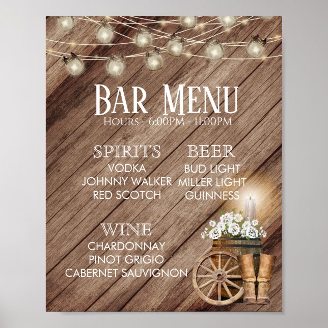 Bar Karte - Rustikale Holzfass Hochzeit Poster (Vorne)
