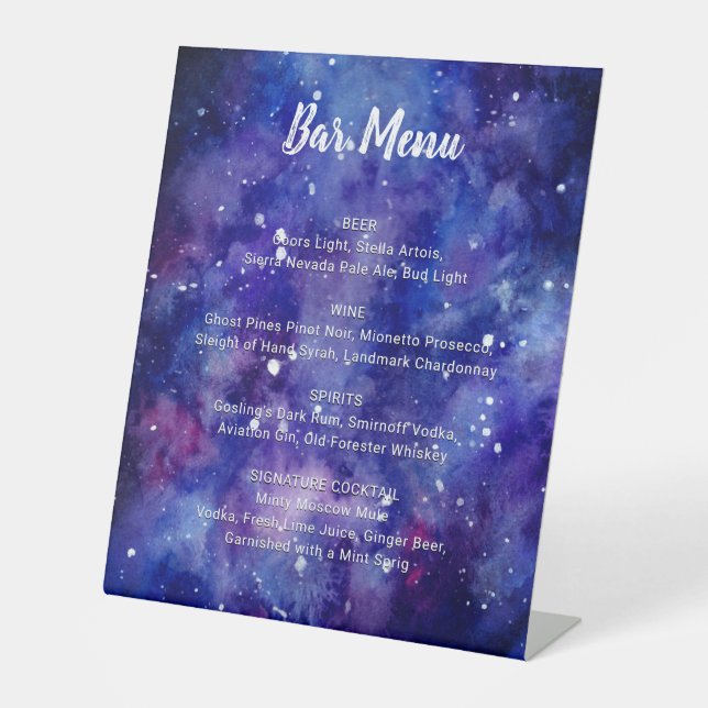 Bar Menu Aquarellgalaxie Starry Night Wedding Sockelschild (Vorderseite)