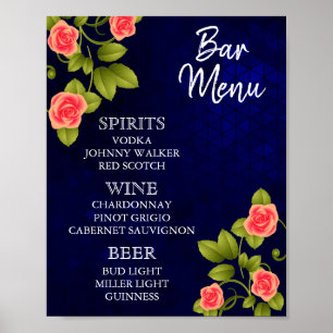 Bar Menu - Blume für dunkelblaue und korallenblaue Poster