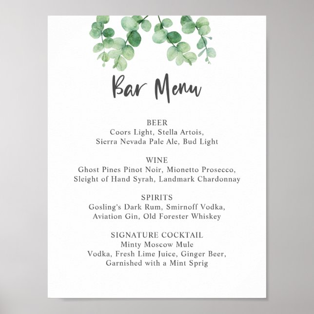 Bar Menu Eukalyptus Wedding Botanische Vegetation Poster (Vorne)