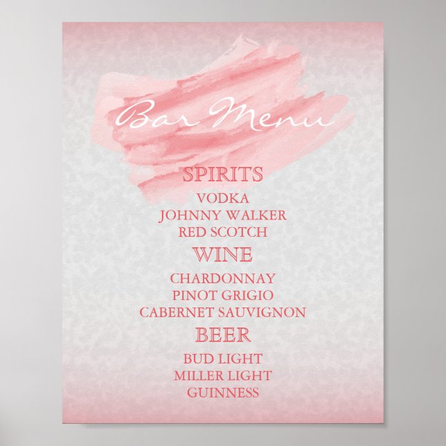 Bar Menu für eine Hochzeit - Modernes Korallenwass Poster (Vorne)