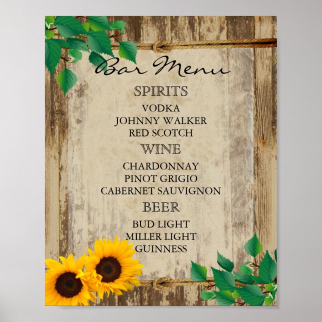 Bar Menu für eine Hochzeit - Sonnenblume Poster (Vorne)