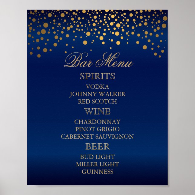 Bar Menu - Goldfetti Punkte auf Navy Blue Poster (Vorne)