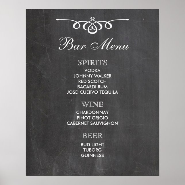 BAR MENU Großes Zeichen | Kalkboard | Hochzeitsfei Poster (Vorne)
