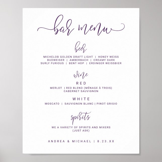 Bar-Menü Hochzeit - Drehschrift (Lila / Pflaume) Poster (Vorne)