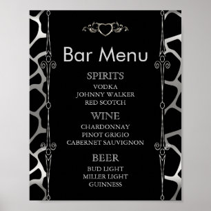 Bar Menu - Hochzeit in Silver & Black Giraffe Poster