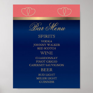 Bar Menu - Korallen und Navy Blue mit Gold Hearts Poster