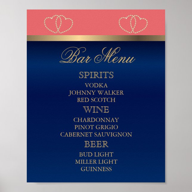 Bar Menu - Korallen und Navy Blue mit Gold Hearts Poster (Vorne)