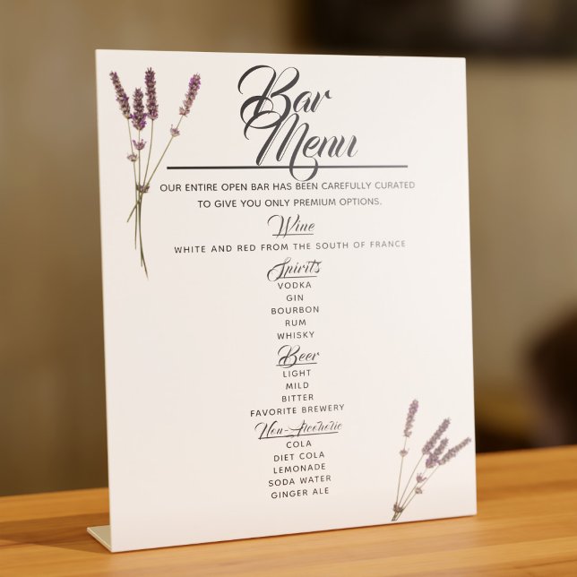 Bar Menu Lavender Wedding Drinks Pedestal Schild (A lovely lavender Bar Menu pedestal sign for your list of drinks available at your wedding. )