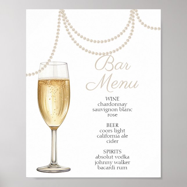 Bar Menu Pearls und Prosecco Brautparty Poster (Vorne)