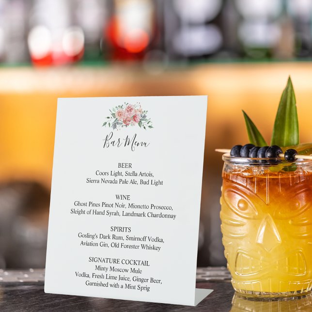 Bar Menu Pink Floral Wedding Boho Chic Skript Sockelschild (Von Creator hochgeladen)