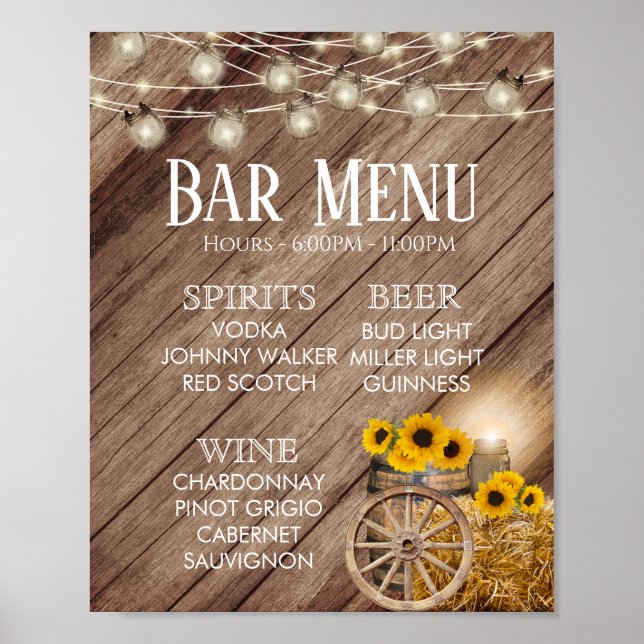 Bar Menu - Rustikales Holzfass & Sonnenblumen Poster (Vorne)