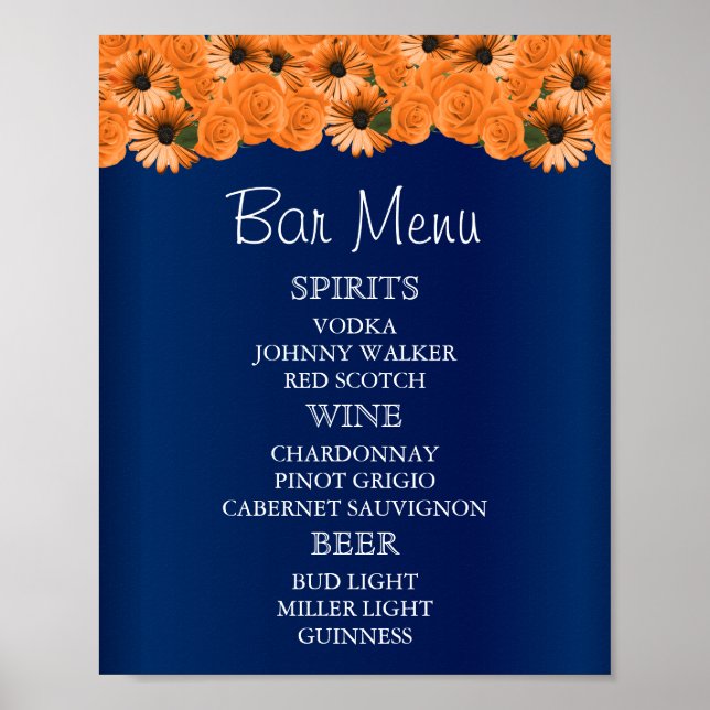 Bar Menu - Schöne Orange Rose und Navy Blue Poster (Vorne)