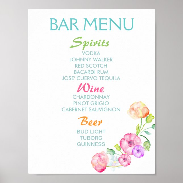 Bar menu sign - Hochzeitsfeier Aquarell Blume Poster (Vorne)