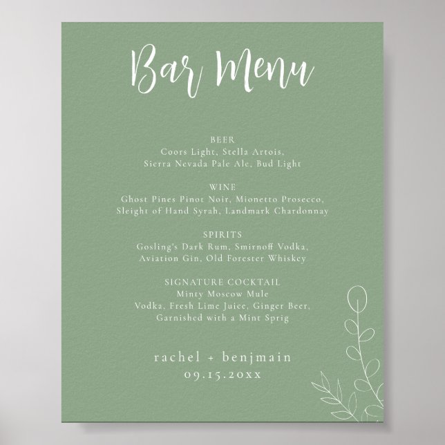 Bar Menu Wedding Sage Grüner botanischer Minimalwe Poster (Vorne)