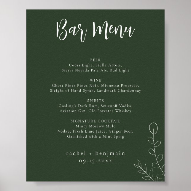 Bar Menu Wedding Sage Grüner botanischer Minimalwe Poster (Vorne)