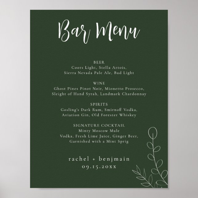 Bar Menu Wedding Sage Grüner botanischer Minimalwe Poster (Vorne)