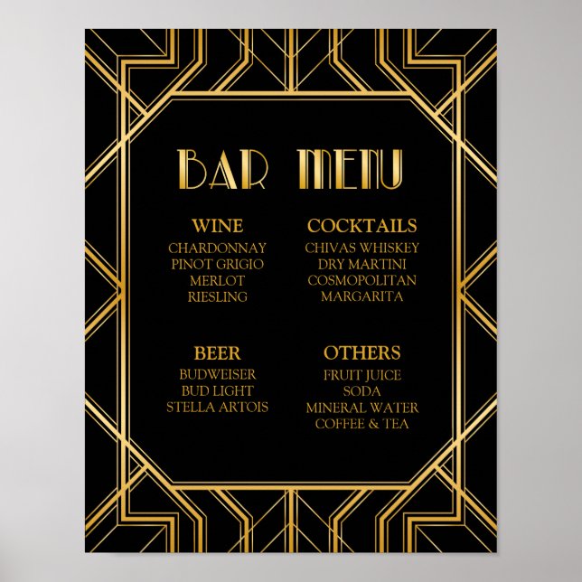 Bar Menu Wedding Sign | Gatsby Art Deco Poster (Vorne)