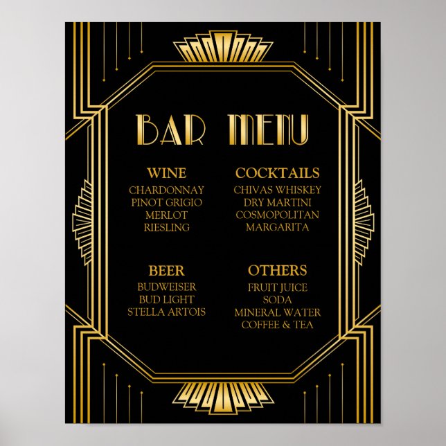 Bar Menu Wedding Sign | Gatsby Art Deco Poster (Vorne)