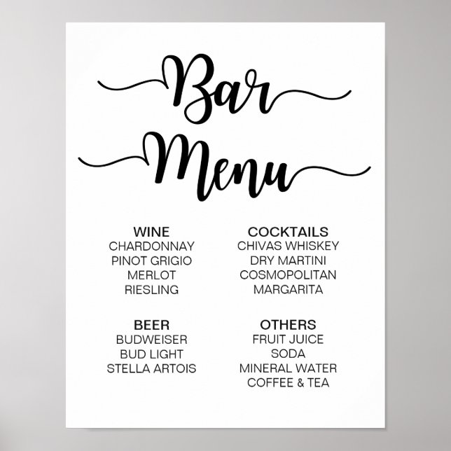 Bar Menu Wedding Sign | Moderne Kalligrafie Poster (Vorne)