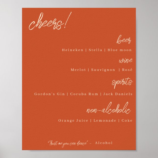Bar Menu Wedding Signage - Burnt Orange Poster (Vorne)