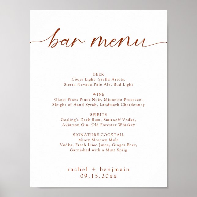 Bar Menu Wedding Terracotta Roust Fall Minimal Poster (Vorne)