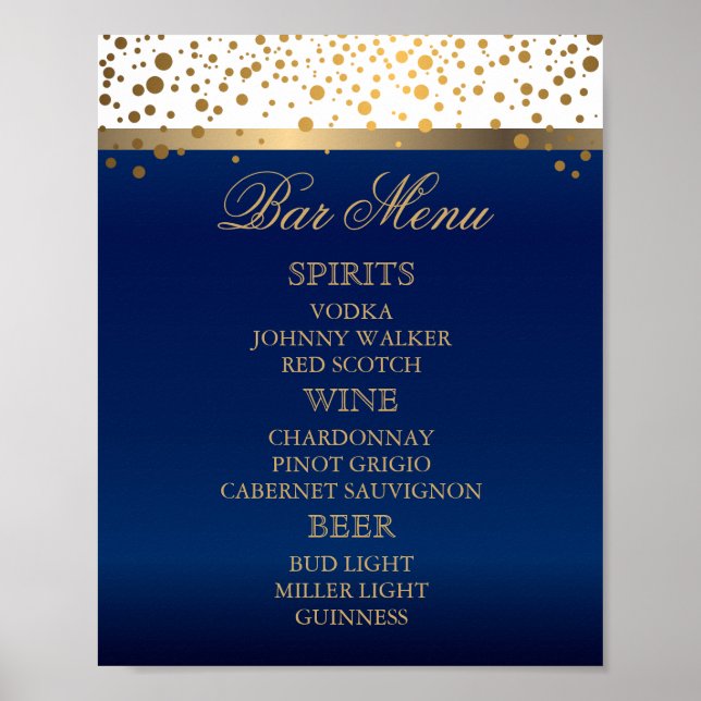 Bar Menu - Weiß und Navy Blau mit Goldfetti Poster (Vorne)