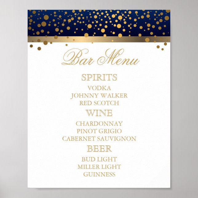 Bar Menu - Weiß und Navy Blau mit Goldfetti Poster (Vorne)