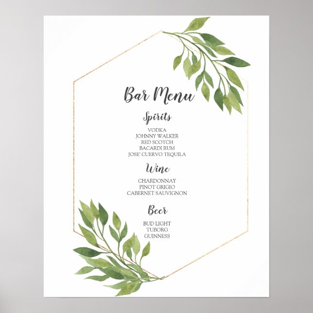 BAR MENU-Zeichen | botanische Hochzeit in Grün und Poster (Vorne)