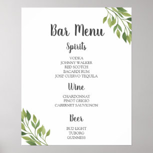 BAR MENU-Zeichen   botanische Hochzeitsfeier im Gr Poster