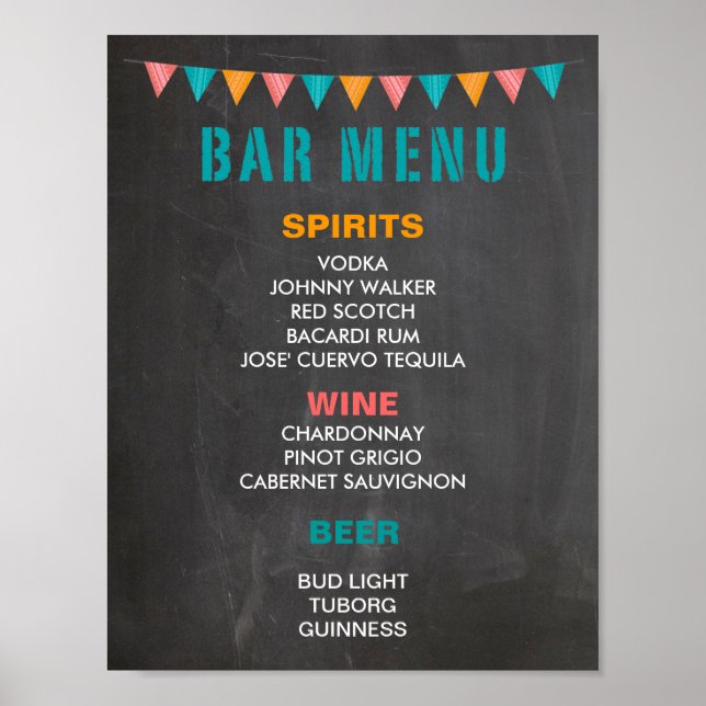 BAR MENU-Zeichen für Hochzeitsfeier auf der Tafel Poster (Vorne)