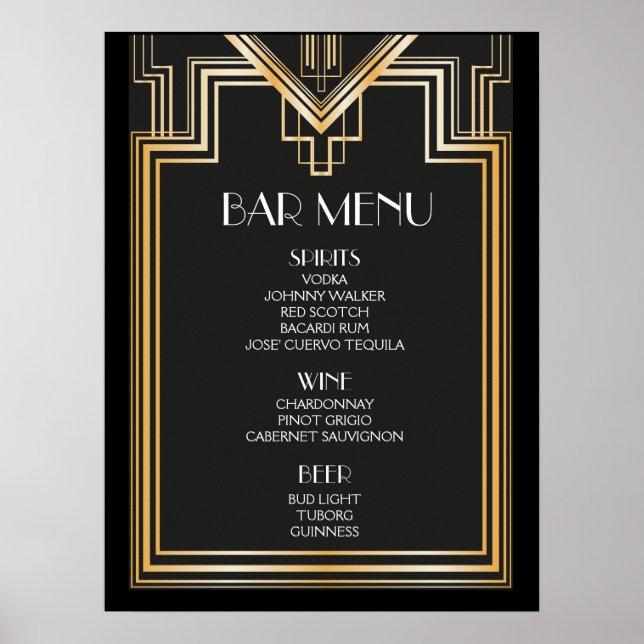 BAR MENU-Zeichen | Große Hochzeit von Gatsby inspi Poster (Vorne)