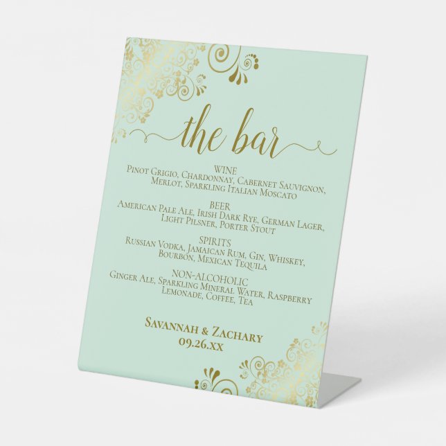Bar Mint Green & Gold Posh Drinks Menü Hochzeit Sockelschild (Vorderseite)