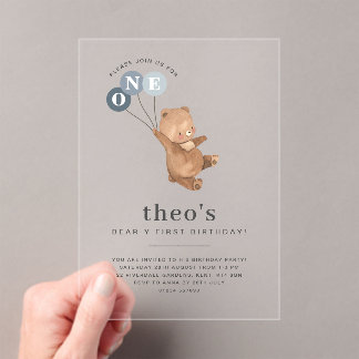 Bär mit 3 blauen Balloons 1. Geburtstagseinladung Acryleinladungen