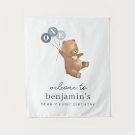 Bär mit 3 blauen Balloons Begrüßungszeichen Wandteppich