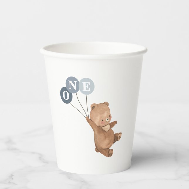 Bär mit 3 blauen Balloons Pappbecher (Vorderseite)