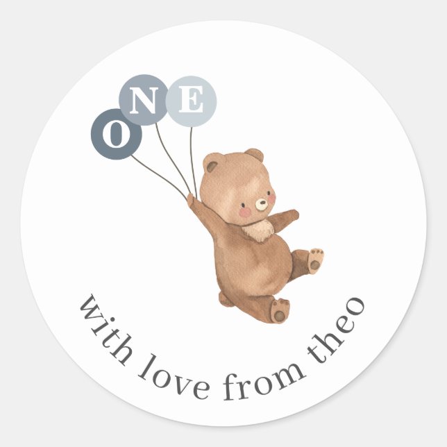 Bär mit 3 blauen Balloons Runder Aufkleber (Vorderseite)