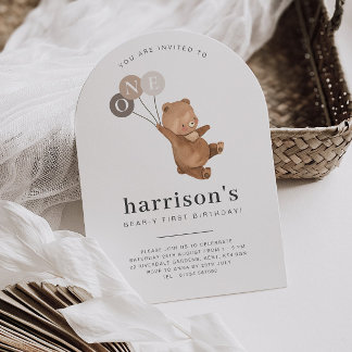 Bär mit 3 braunen Balloons 1. Arch Geburtstag Einladung