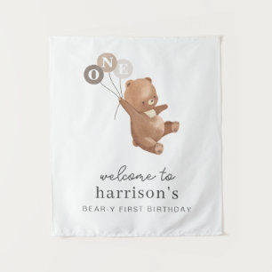 Bär mit 3 braunen Balloons Begrüßungszeichen Wandteppich