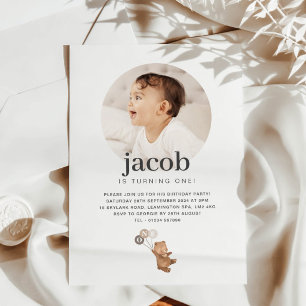 Bär mit 3 Braunen Balloons - Foto Geburtstag Einladung