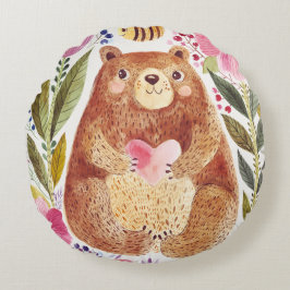 Bär mit Blume und Biene Rundes Kissen
