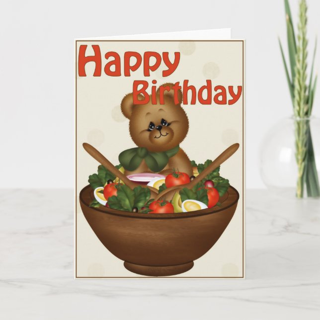 Bär mit einer Salad Healthy Happy Birthday Card Karte (Vorderseite)