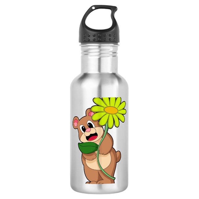 Bär mit gelber Blume Edelstahlflasche (Vorderseite)