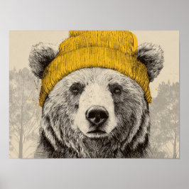 Bär mit gelber Mütze Waldtier im rustikalen Stil Poster