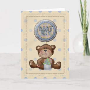 Bär mit Rattle & Baby Boy Ballon Blank Card Ankündigung