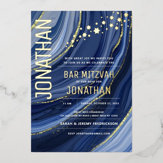 Bar Mitzvah Agate Marble REAL GOLD Foil Einladung (Vorderseite)