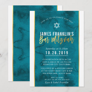 BAR MITZVAH aquamarines blaues Aquarellgoldskript Einladung